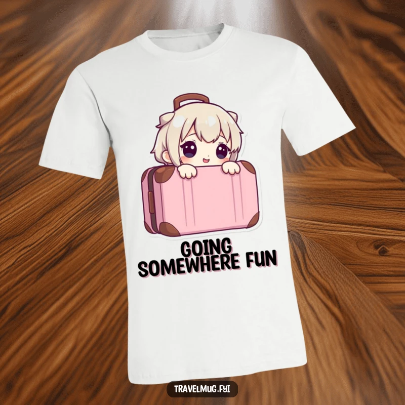 Funny t-shirt graphic of a cute character peeking out from behind a packed suitcase, embodying excitement for travel.