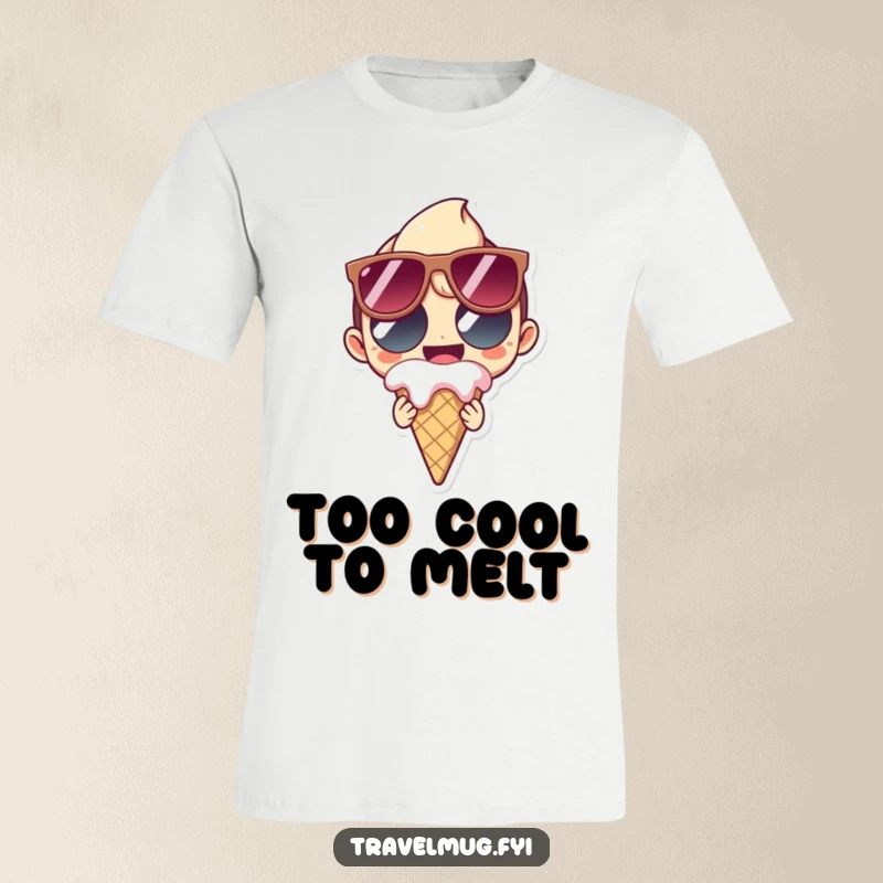 Funny T-Shirt depicting a character wearing oversized sunglasses, grinning with a melting ice cream cone, embracing the messy fun of summer.