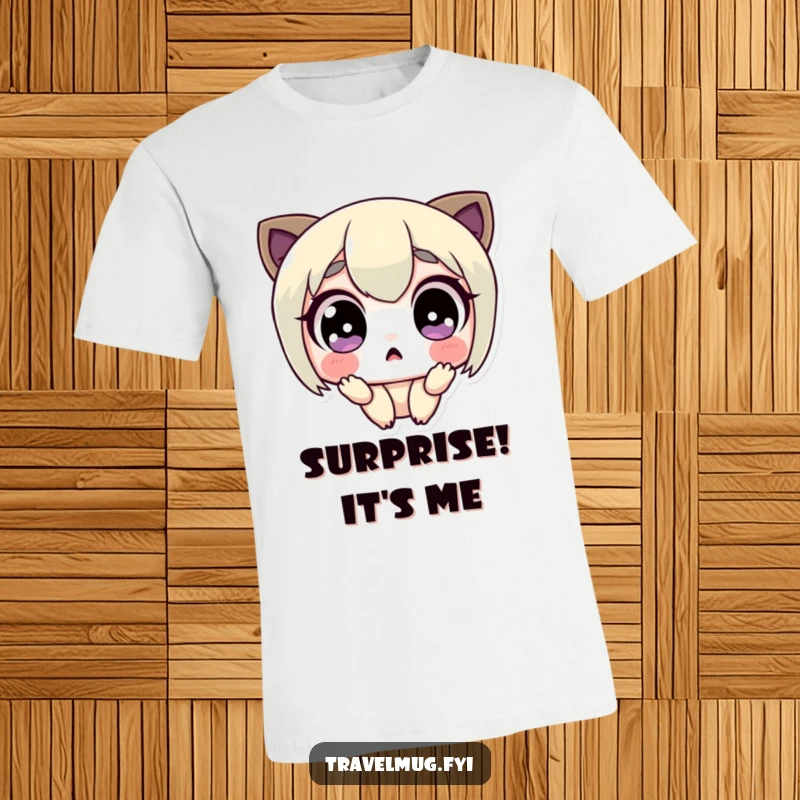 Funny t-shirt featuring a cute character with huge, startled eyes and an open mouth, embodying utter surprise and shock adorably.