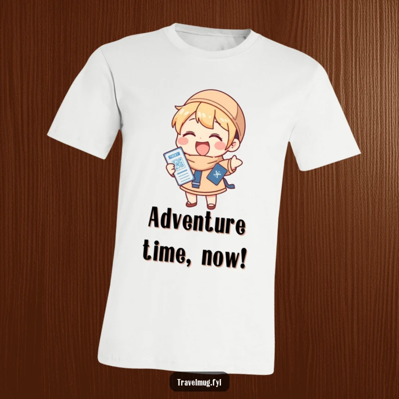 Funny T-Shirt: A character gleefully holding a passport and ticket, signifying an upcoming adventure, great for travelers.