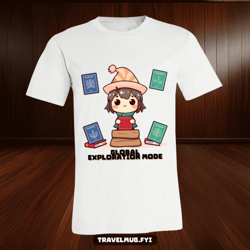 Funny T-Shirt: A character wearing a funny hat is comically balancing a stack of various passports.