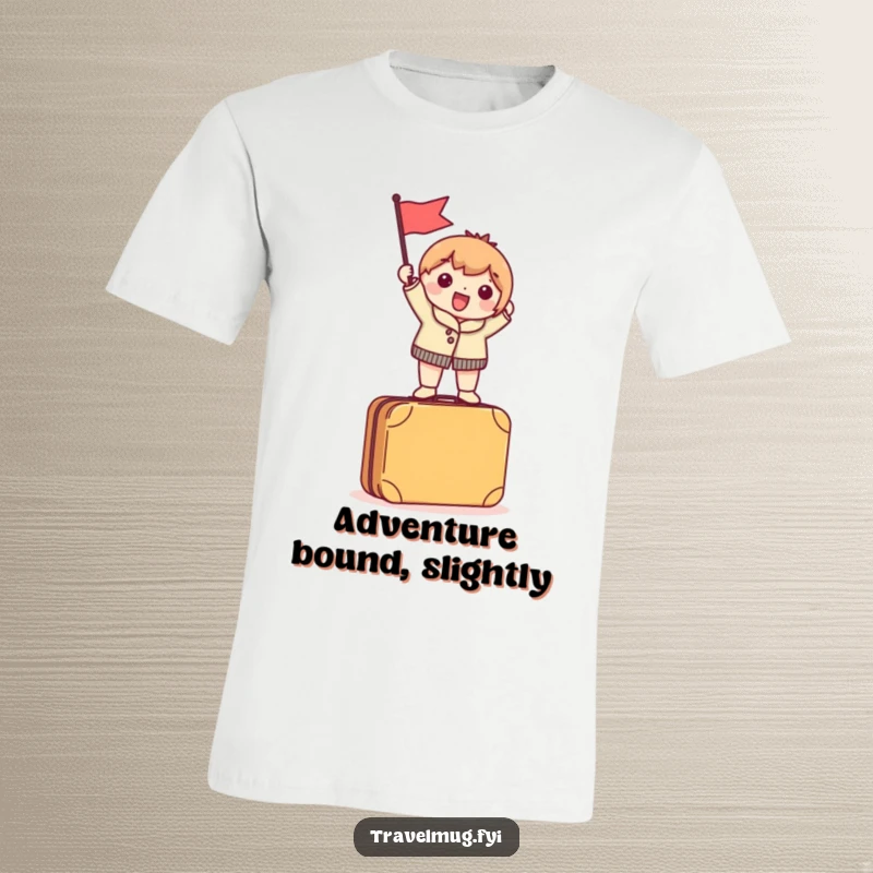 Funny T-Shirt showing a character excitedly waving a tiny flag while standing on a suitcase, symbolizing the thrill of travel.