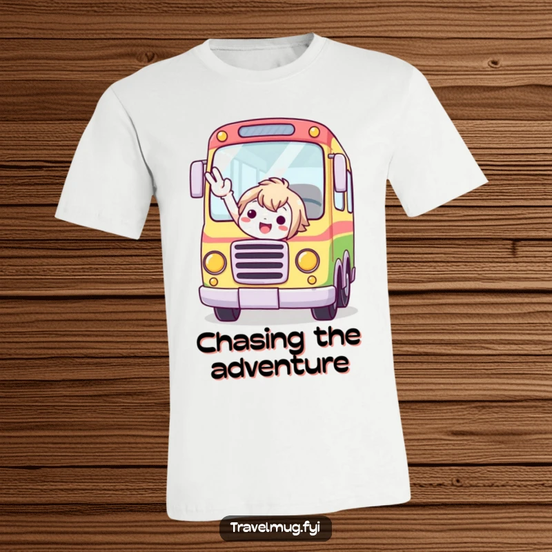 Funny t-shirt with a cute character eagerly flagging down a fantastical, brightly colored bus.