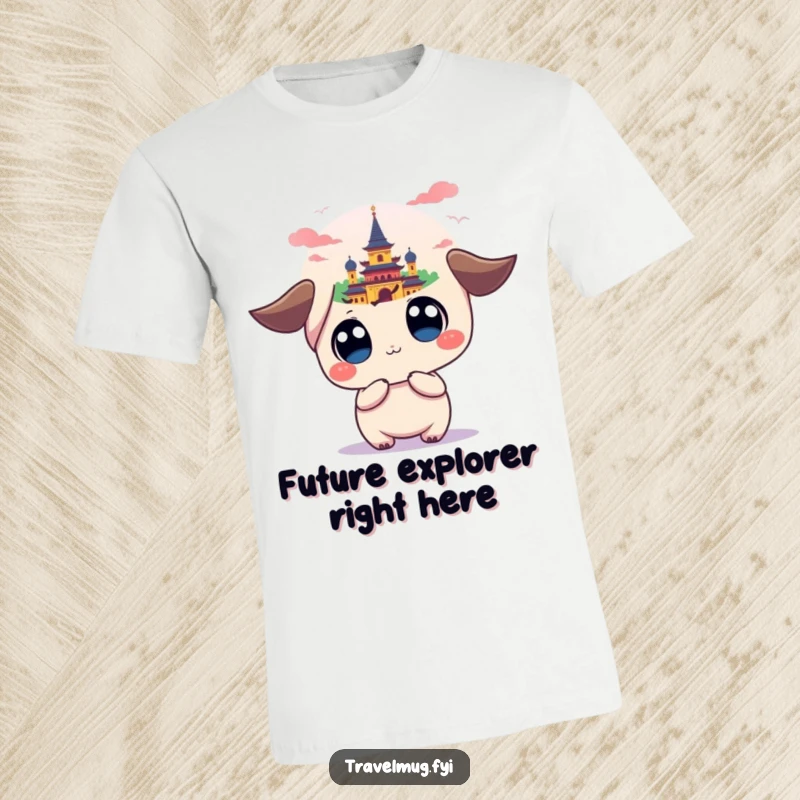 Funny t-shirt featuring a cute kawaii character with big eyes looking amazed at a colorful, distant landmark, ideal for travel enthusiasts.