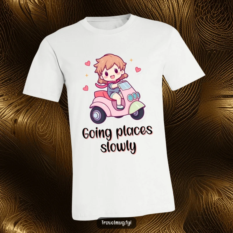 Funny T-shirt featuring a character happily riding a small, whimsical vehicle, embodying a carefree spirit and love for playful journeys.