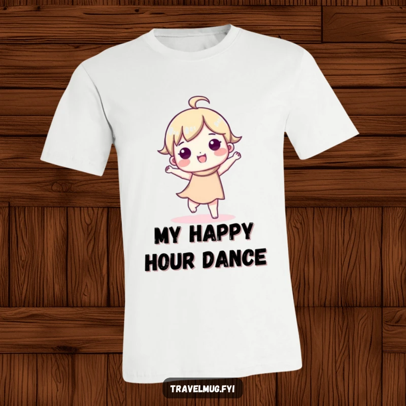 Funny t-shirt graphic of a cute character doing a spontaneous, happy little dance, full of energy and good cheer.