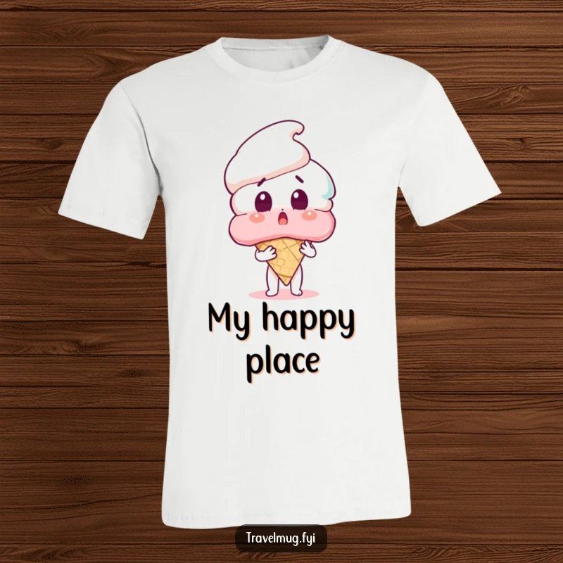 Funny t-shirt graphic of a character looking shocked while holding a colossal ice cream cone, perfect for a humorous, sweet-themed outfit.
