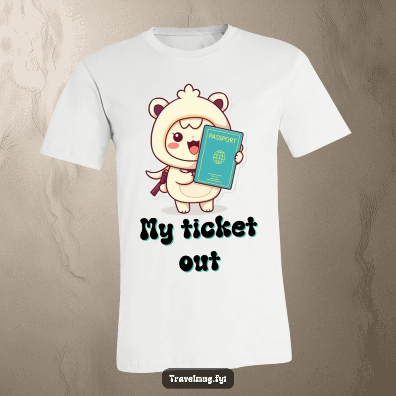 Funny Kawaii T-Shirt, an ecstatic character holding a passport, ready for adventures abroad.