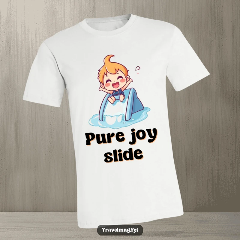 Funny T-Shirt: A joyful character gleefully zips down a small waterslide, mid-splash.