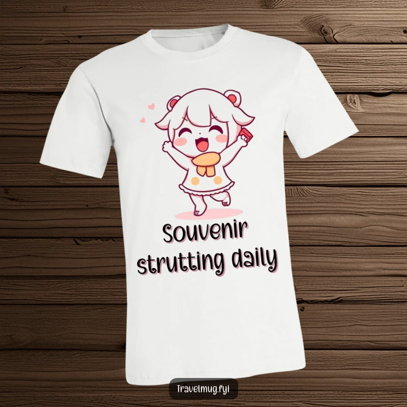 Funny Kawaii character t-shirt depicting a cute character doing a happy dance with a souvenir, celebrating travel memories.