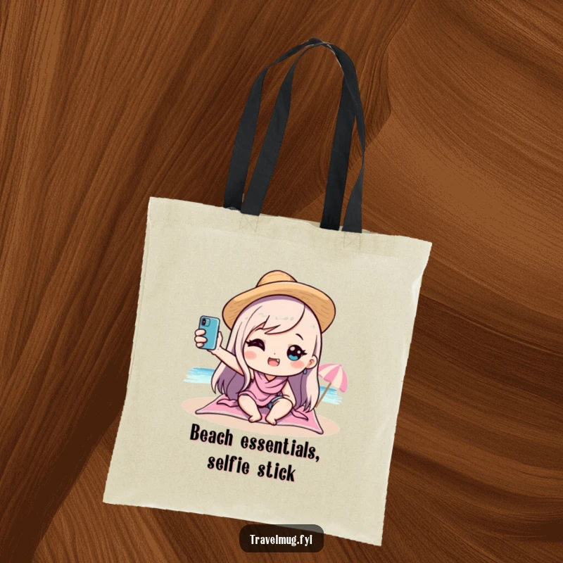 Funny kawaii character striking a selfie pose on a beach, depicted on a durable tote bag, ready for sunny outings and humorous adventures.
