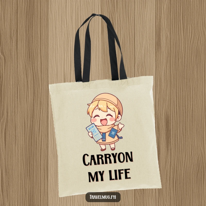 Funny Tote Bag: A character gleefully holding a passport and ticket, perfect for carrying items on any adventure.