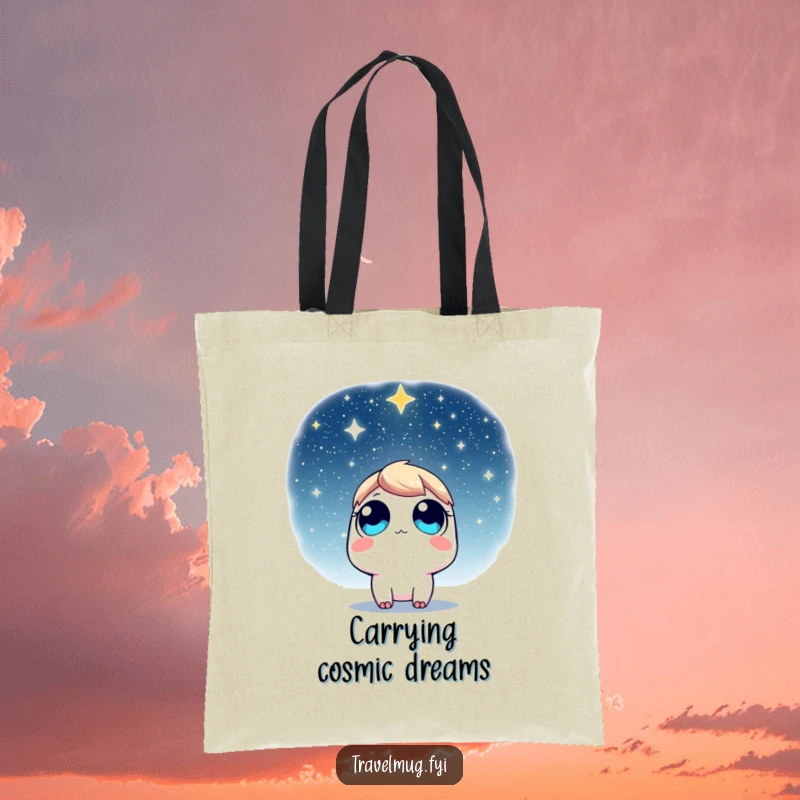 Funny Tote Bag: A character with wide eyes looking up at a star-filled sky, perfect for carrying essentials and dreams.