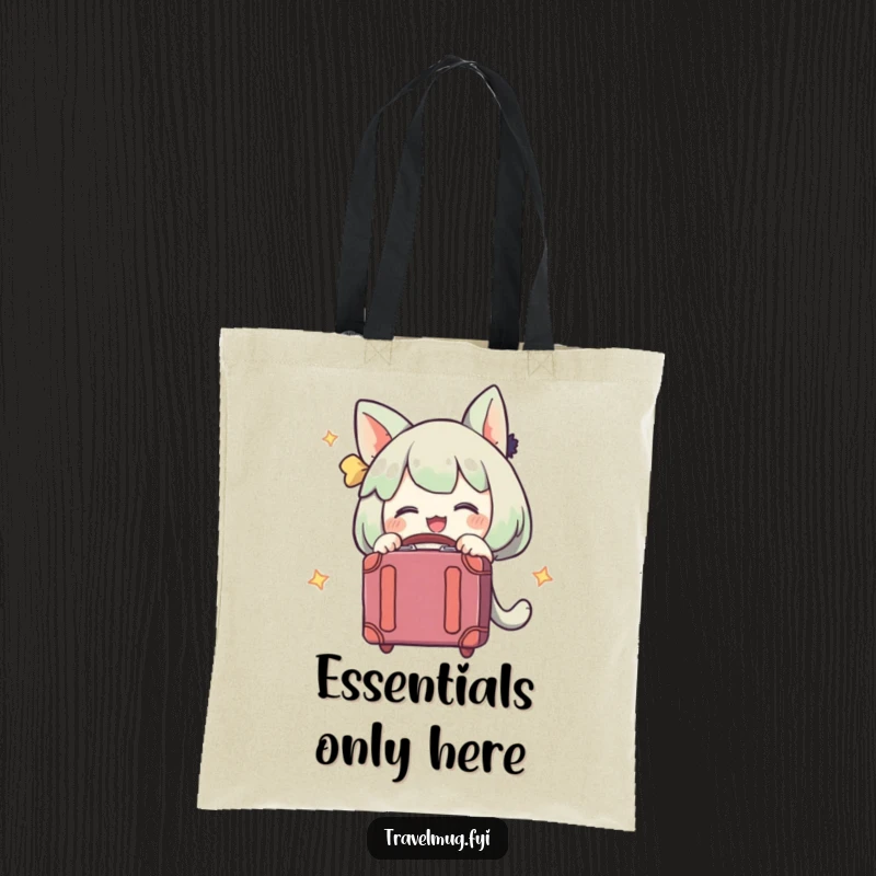 Funny tote bag showing a character hugging a suitcase tightly, symbolizing excitement and readiness for travel.