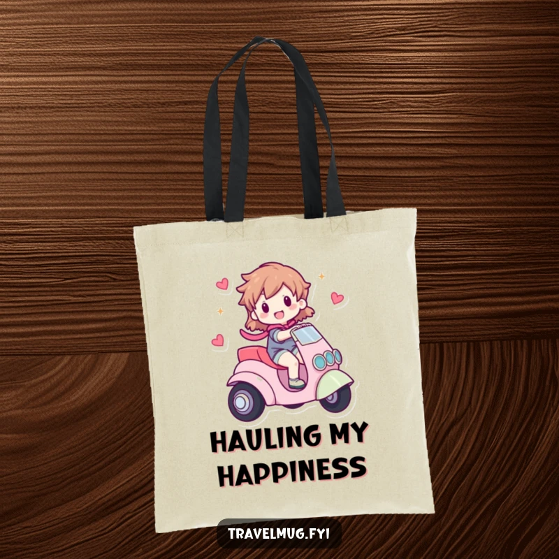 Funny tote bag with a character happily riding a small, whimsical vehicle, perfect for carrying daily items with a touch of adventure.