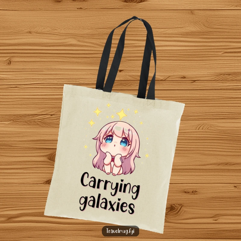 Funny tote bag featuring a character gazing up in wonder at a constellation, a humorous and practical accessory for space lovers.