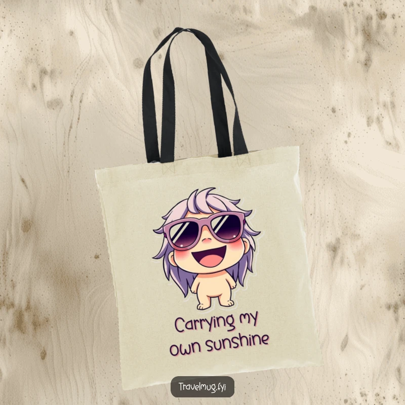 Funny tote bag of a character wearing oversized sunglasses and a wide grin, ready to carry your items with cool happiness.