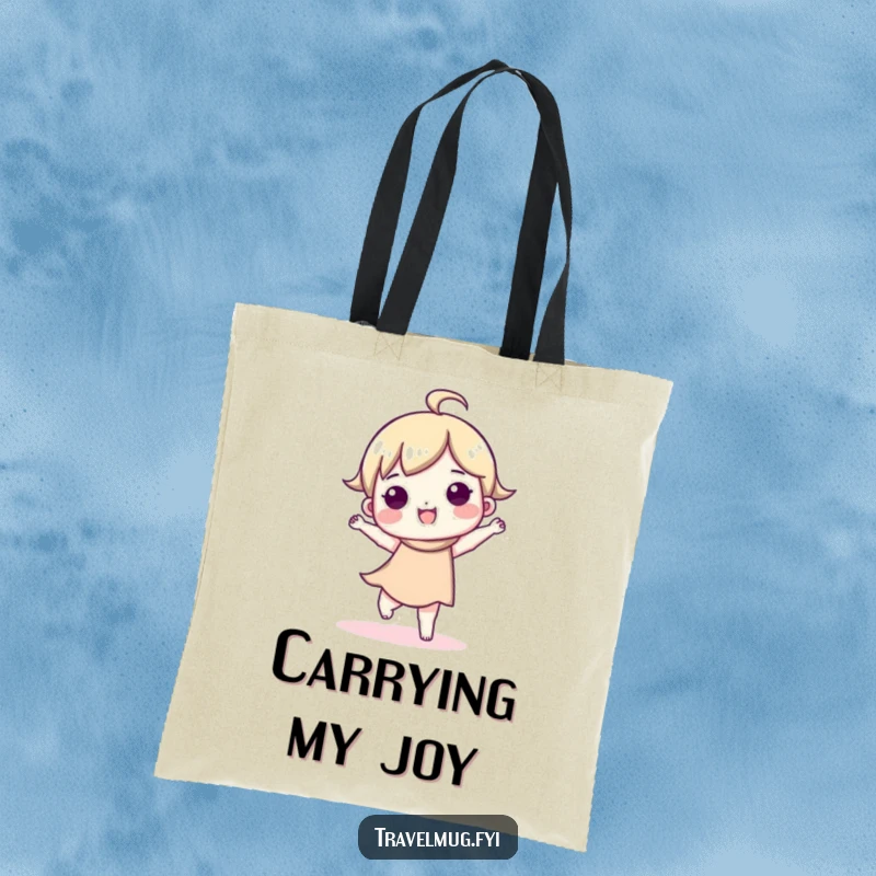 Funny tote bag showcasing a cute character doing a lively, happy dance, perfect for carrying essentials with a smile.