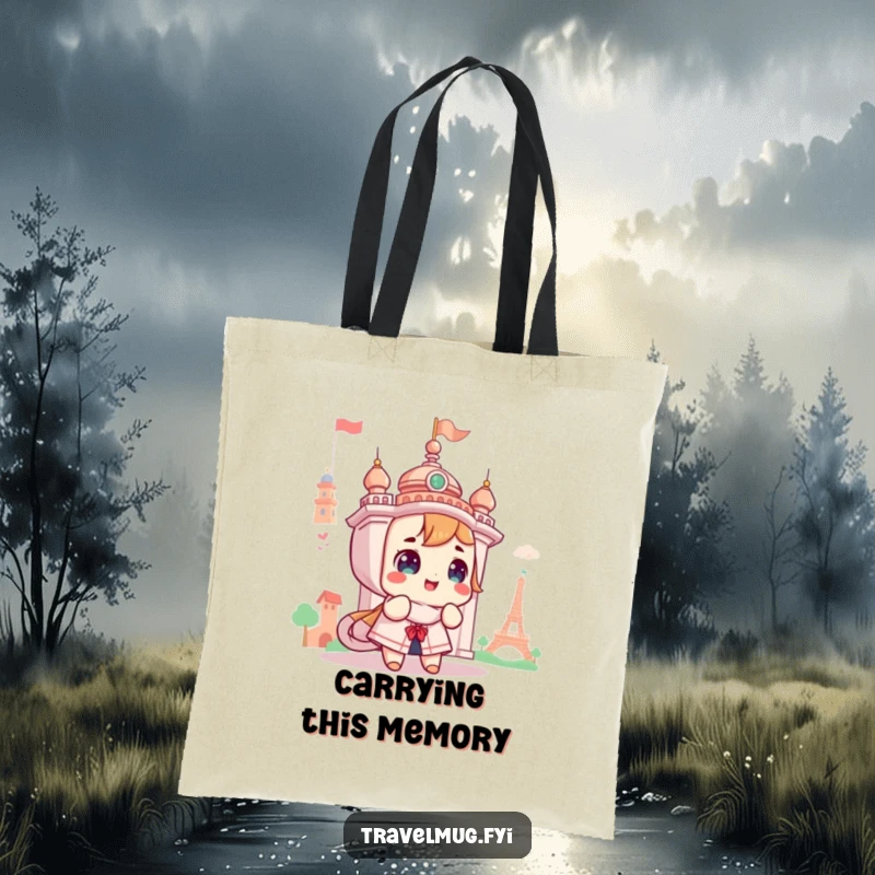 Funny tote bag showing a cute character looking up in awe at a landmark, perfect for carrying travel gear with humor.