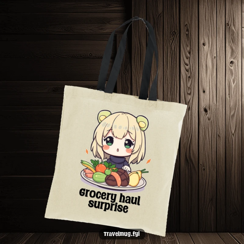 Funny Tote Bag: Character looking surprised at exotic food, designed for carrying essentials with a dash of culinary curiosity.