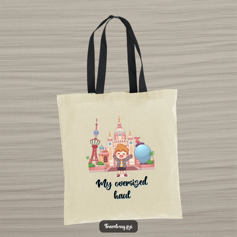Funny tote bag showing a character posing with glee in front of a landmark built from oversized objects.