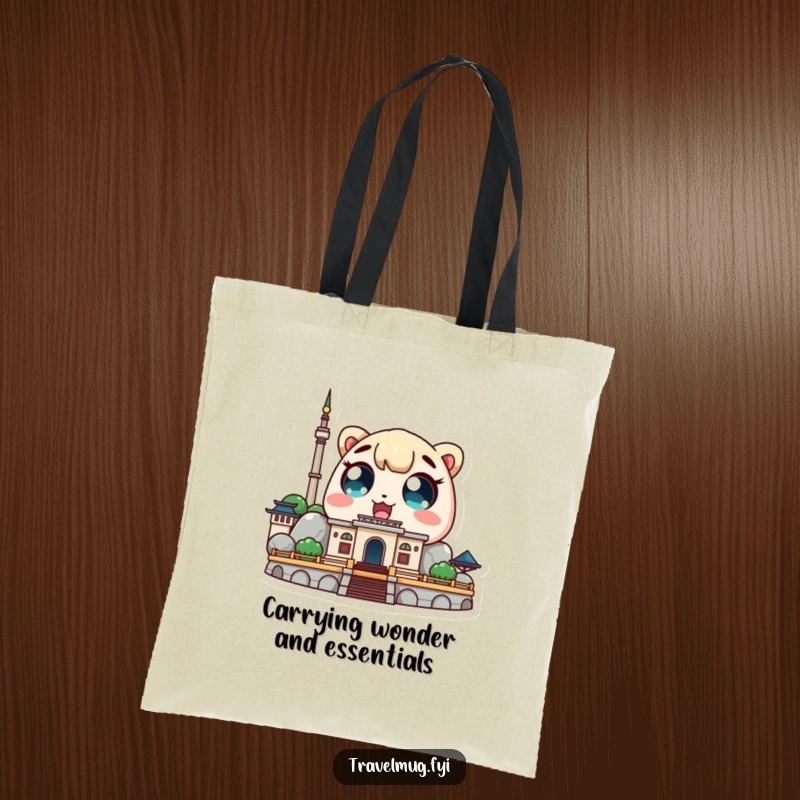 Funny Kawaii character tote bag depicting a cute character with wide, amazed eyes looking at a landmark, ideal for travel.
