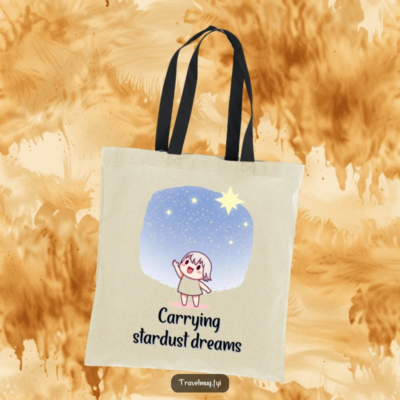 Funny Tote Bag: A character enthusiastically points towards a distant, star-filled sky, perfect for carrying dreams.