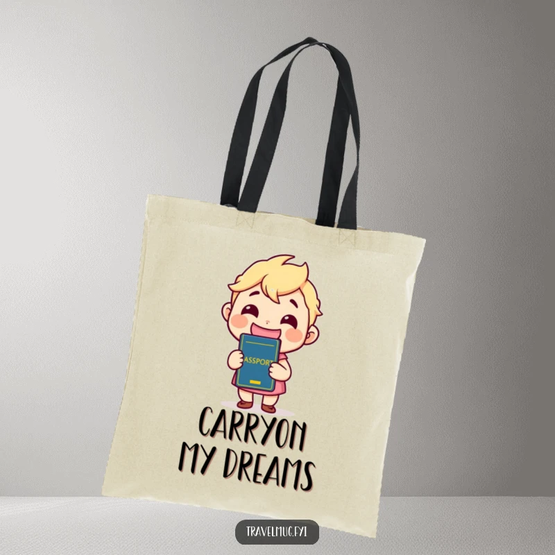 Funny Tote Bag with a kawaii character grinning widely while holding a passport, ideal for travel essentials and showing travel excitement.