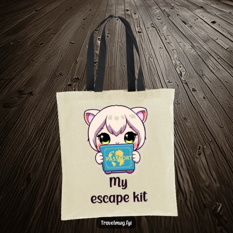Funny Tote Bag: A character with wide eyes holds a colorful passport, symbolizing the start of a trip.