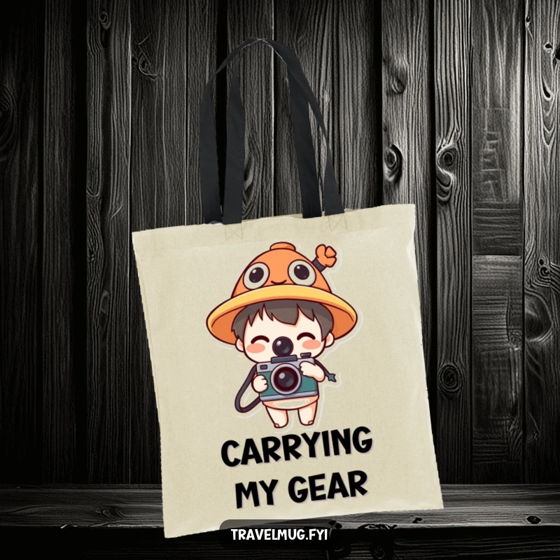Funny tote bag showing a character in a funny hat with a camera, perfect for carrying photography gear with humor.