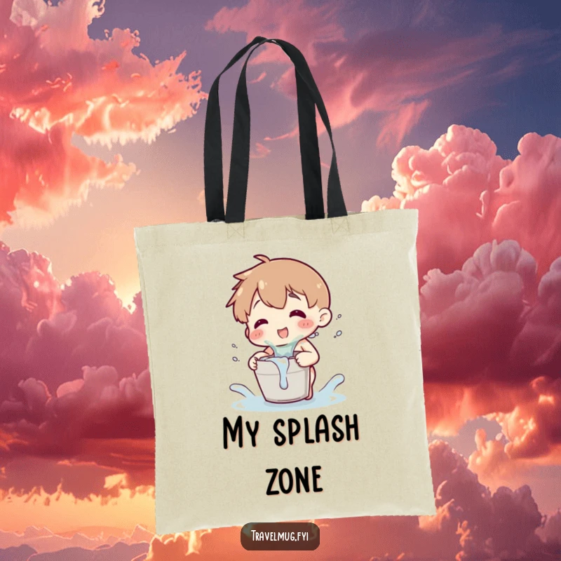 Funny tote bag featuring a character playfully splashing water from a small bucket, perfect for carrying fun items.