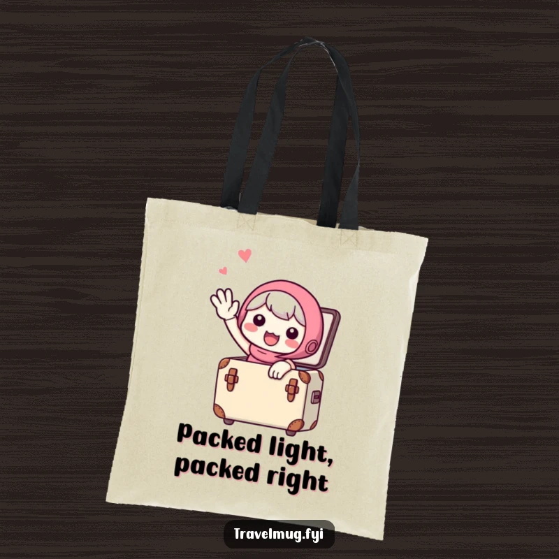 Funny Tote Bag: A cute character waving goodbye from a small suitcase, heading off on a fun-filled adventure.