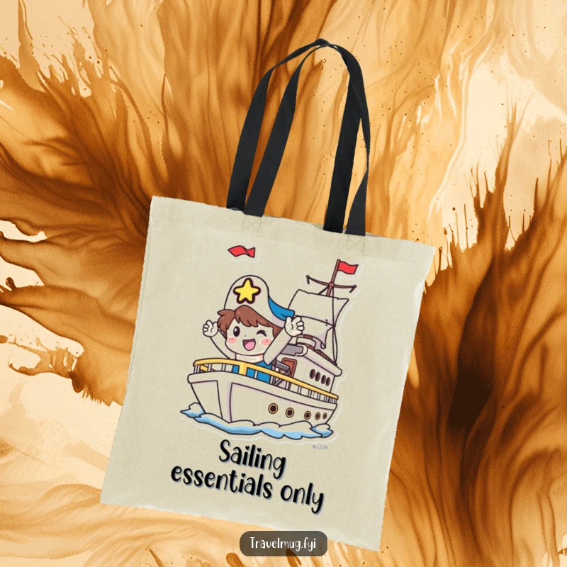Funny Tote Bag: A happy character waves goodbye cheerfully from a departing ship, symbolizing exciting journeys.