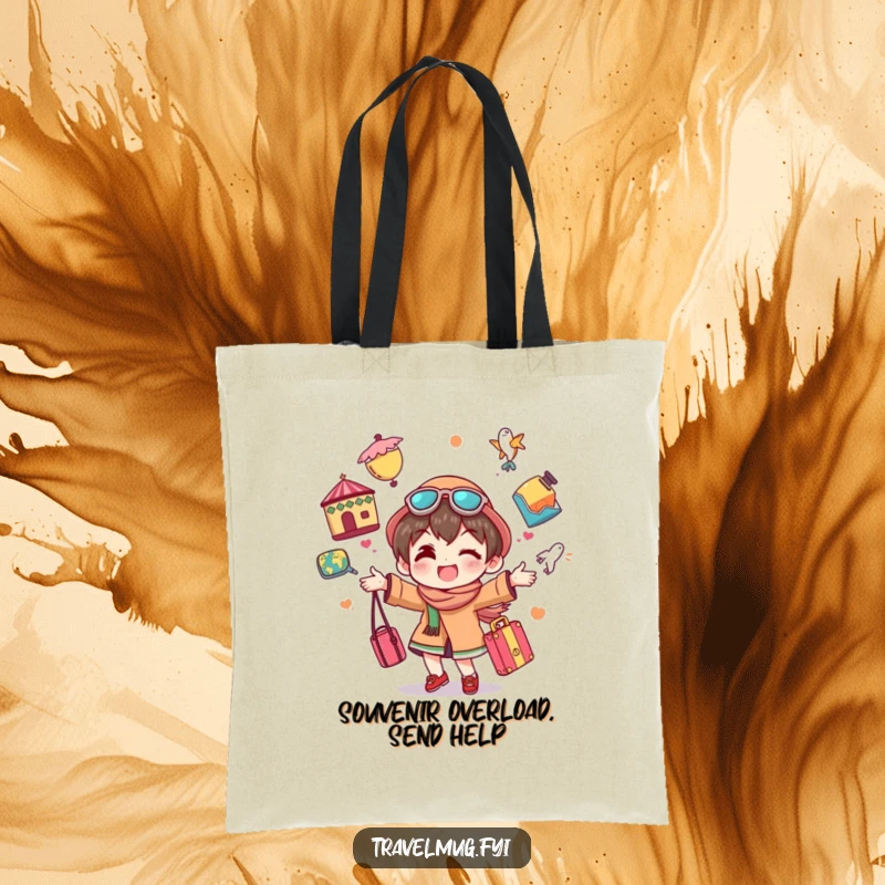 Funny tote bag illustrating a character cheerfully juggling colorful travel souvenirs, perfect for carrying adventure and humor.