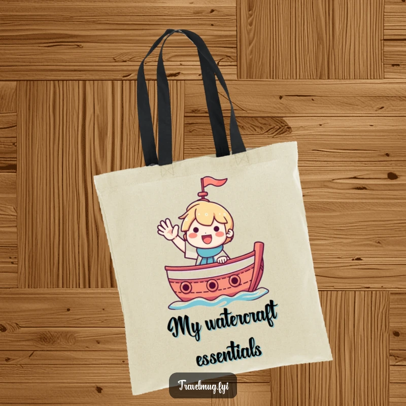 Funny tote bag with a smiling character waving from a boat, ideal for beach days and errands.