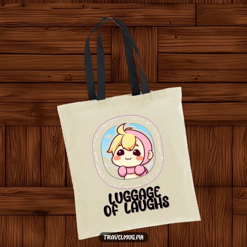 Funny Tote Bag with a kawaii character making a silly face from an airplane window, ideal for travel and carrying daily items.