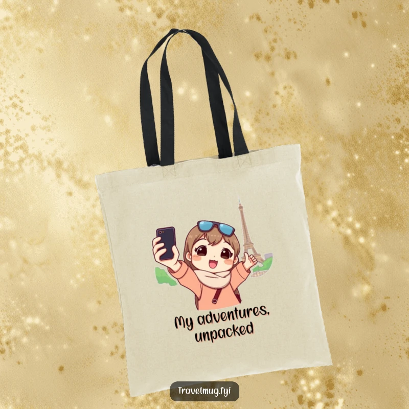Funny tote bag illustrates a character taking a selfie at a landmark, packing travel humor and everyday utility.