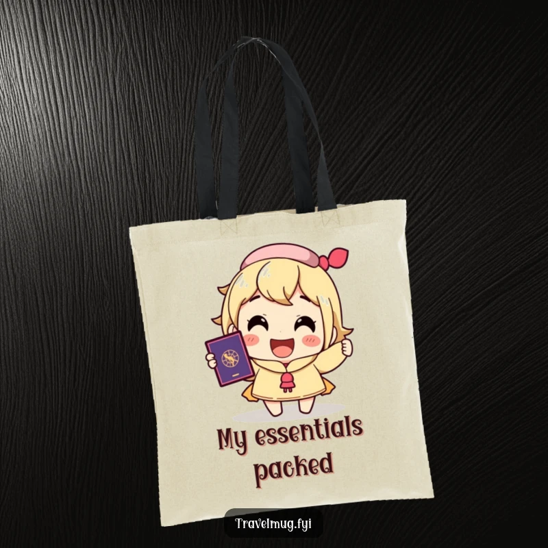 Funny tote bag depicting a character with an overjoyed expression, holding a passport, ready for a fun trip.