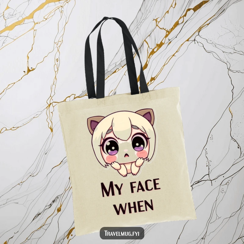 Funny tote bag showcasing a cute character with comically wide, surprised eyes, illustrating shock and amazement for everyday use.