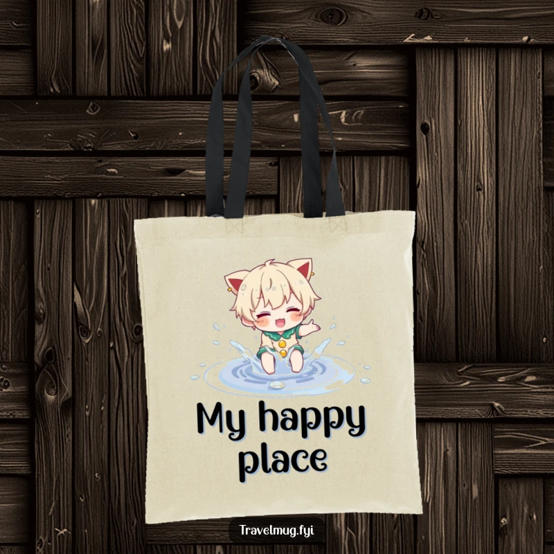 Funny Tote Bag: A character is joyfully splashing in a small, sparkling puddle, perfect for carrying fun.