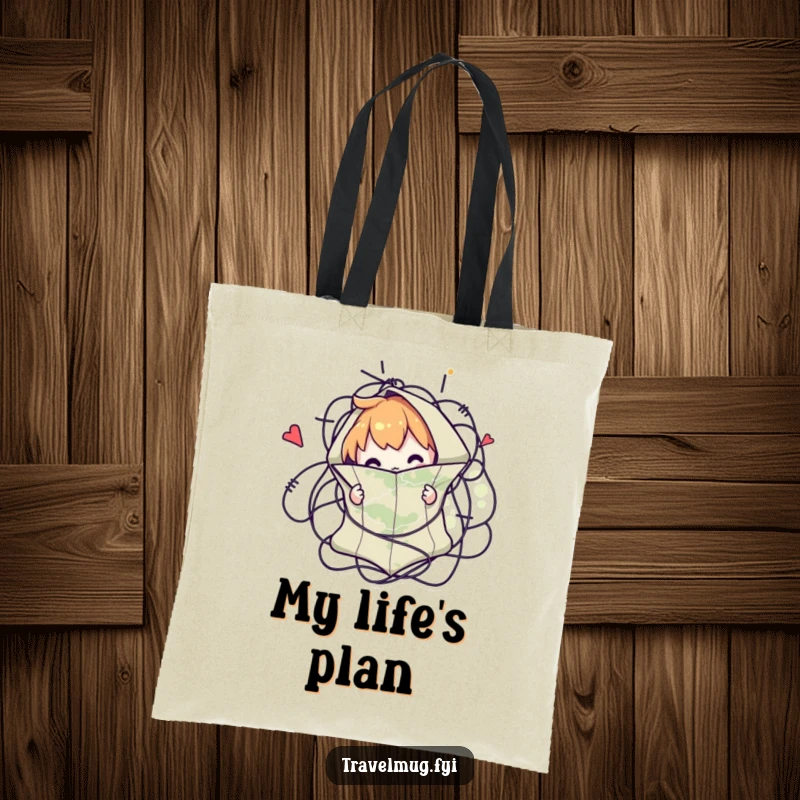 Funny tote bag showing a character comically tangled in a map, a humorous and practical accessory for travelers.