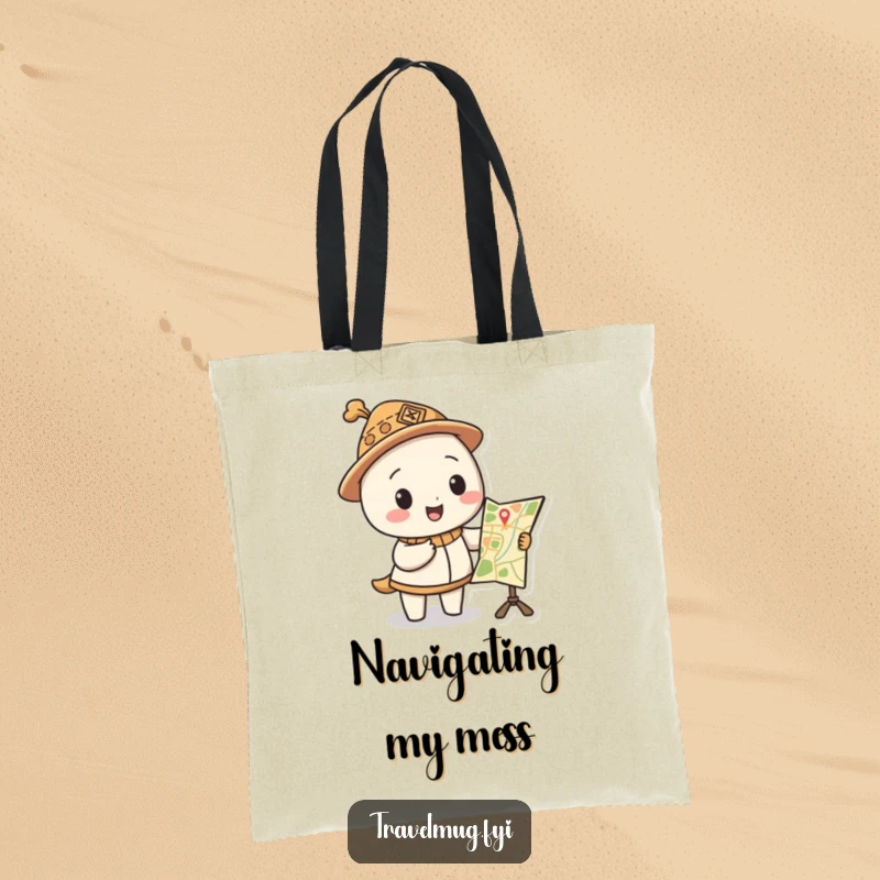 Funny tote bag shows a character in a silly hat pointing at a funny map, blending practicality with adventure humor.
