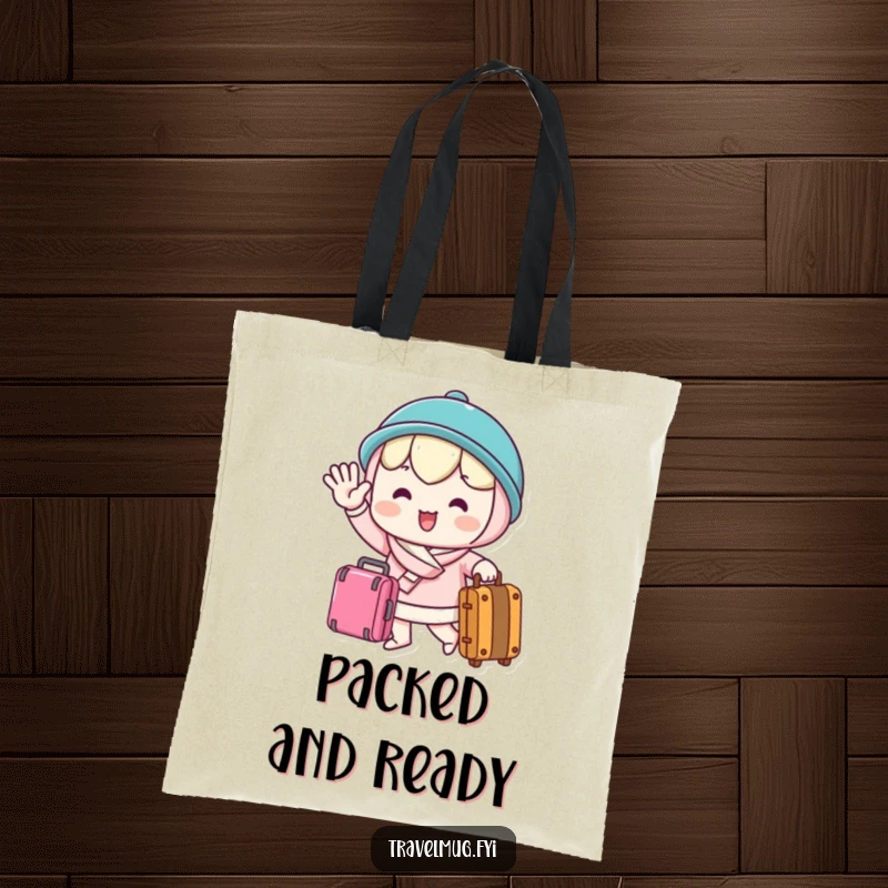 Funny Tote Bag with a kawaii character waving goodbye cheerfully while holding a suitcase, ideal for travel essentials and departure vibes.