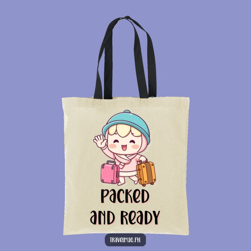 Funny Farewell Tote Bag: Waving Kawaii Traveler with Suitcase Art!