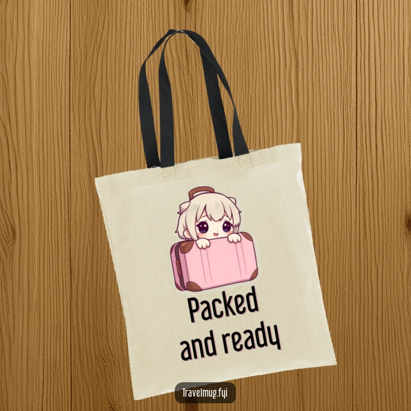 Funny tote bag depicting a cute character peeking from a suitcase, ideal for carrying travel essentials and style.