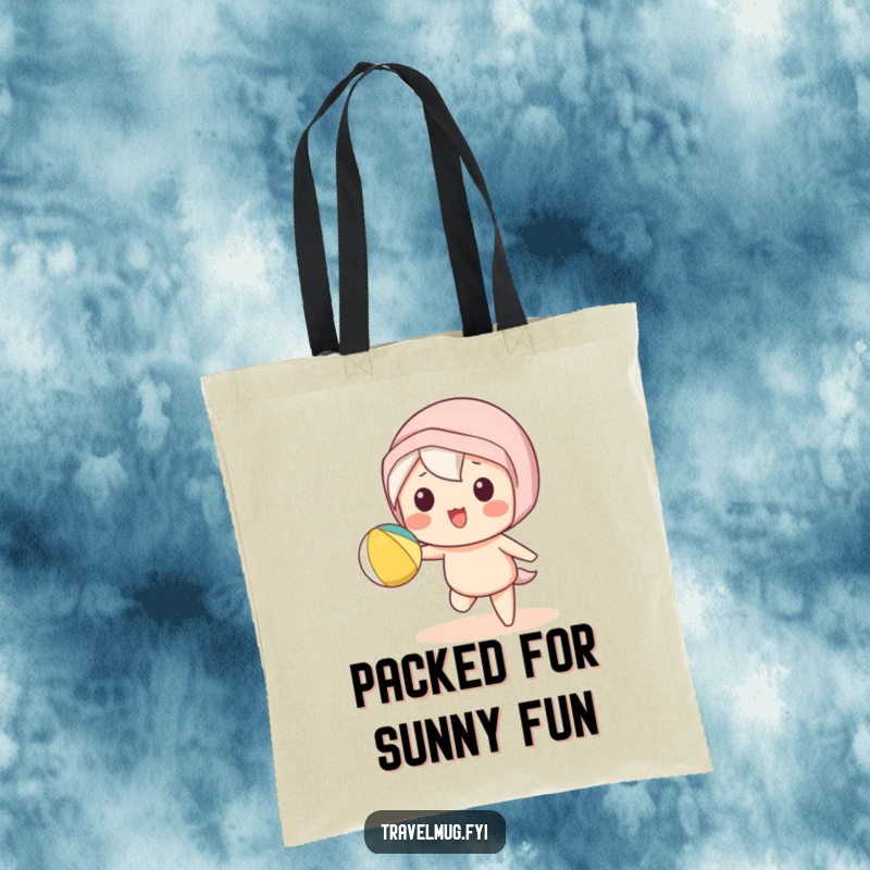 Funny Kawaii character tote bag depicting a cute character playfully tossing a beach ball, ideal for beach days and errands.