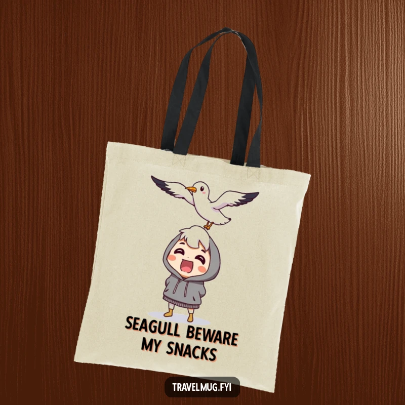 Funny character comically startled by a flying, smiling seagull, a cute and practical tote bag for the beach.