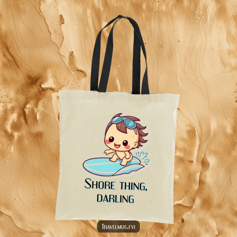 Funny Kawaii Tote Bag, a cheerful character grinning on a surfboard, perfect for beach trips and shopping.