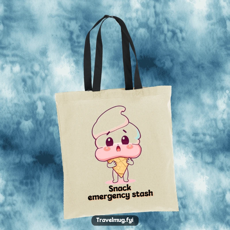 Funny tote bag design with a surprised character holding a huge ice cream cone, ideal for stylish and humorous everyday use.